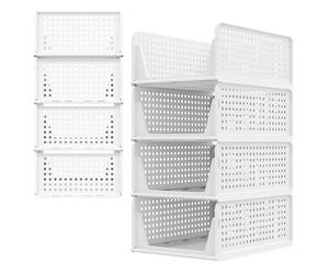 VickyHome Set of 4 Stackable Wardrobe Storage, White Foldable Stackable Drawers Wardrobe Drawers Internal Storage, Hollow Design, Easy Pull Out Collapsible Storage Boxes for Shelves