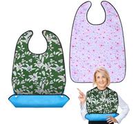 Vicloon 2 Pack Adult Bibs, Washable and Reusable Adult Bib for Elderly, Waterproof Dining Bibs with Crumb Catcher for Adults, Elderly and Disabled (Floral Print)