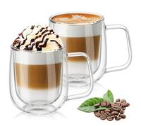 Vicloon 2x250ml Double Walled Coffee Glasses Mug, Borosilicate Heat Resistant Glass Cups with Handle, Cappuccino Latte Macchiato Glasses Cups, Coffee Cup for Coffee Tea Milk Juice Ice Cream