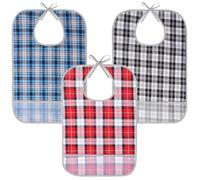 Vicloon 3 Pack Adult Bibs, Washable and Reusable Adult Bib for Elderly, Waterproof Dining Bibs with Crumb Catcher for Adults, Elderly and Disabled (Plaid B)