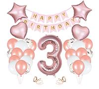 Vicloon 3rd Birthday Party Decoration，Happy Birthday Banner Rose Gold Decoration Pack Boys Girls, Number 3 Balloon Latex and Foil Balloons for Shower Anniversary Wedding