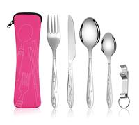 Vicloon 5PCS Camping Cutlery Set, Stainless Steel Flatware Set with Bottle Opener, Travel Cutlery Set Spoon Knife and Fork for Camping Picnic Office School Lunch (Rose Red)