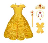 Vicloon 9 Pcs Princess Belle Costume Dress,Little Girl Princess Dresses Fancy Dress Childs Party Outfit with Crown Wand Gloves Necklace Ring and Earrings Yellow