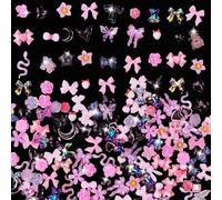 Vicloon Art Nail Charms Pink Mixture Nail, 200Pcs 3D Multi Shapes Nailes Charms Pink Mix Styles, 3D Resin Nails Art Charm Including Bows, Heart, Stars, Rabbit, Heart, Flowers for Nails DIY and Crafts