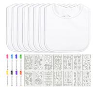 Vicloon Baby Bibs for Painting, 30 Pcs DIY Bib for Baby Shower Games, White Bib Set with 8 Toddler Bibs 14 Stencils 8 Pens, Gift for Newborn (30 * 20cm)