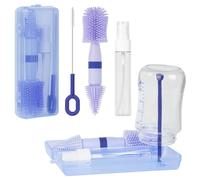 Vicloon Baby Bottle Brushes, 5 in 1 Travel Bottle Brush Set with Silicone Bottle/Nipple/Straw Brush, Soap Dispenser, Drying Rack, Baby Travel Essentials (Blue)