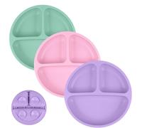 Vicloon Baby Suction Plate, 3Pcs Silicone Baby Suction Plates, Non Slip Silicone Toddler Weaning Plate, Divided Dishes for Toddler Kids Self Feeding, Fits for Most Highchairs Trays（Pink/Purple/Green）