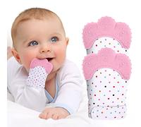 Vicloon Baby Teething Set, 2 Pack Teething Mittens for Baby, Includes 2 Silicone Mitten Teether Glove, Polka Dots Teething Glove, Infant Soothing Pain Relief Mitt Baby Teether Mits for Baby (Pink)