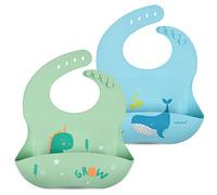 Vicloon Baby Weaning Bibs, 2PCS Silicone Baby Bib, Waterproof Baby Feeding Bibs Adjustable with Wide Food Catcher Pocket Unisex Toddler Bibs (Blue-Green)