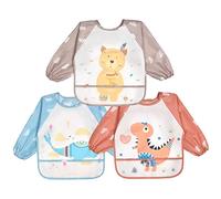 Vicloon Bibs with Sleeves, 3 Pcs Long Sleeve Waterproof Bibs, Unisex Feeding Bib with Large Pocket, Bib Apron Lovely Cute Cartoon bib for Infant Toddler 6 Months to 24 Months