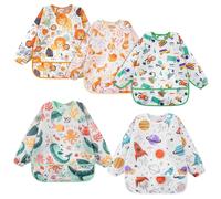 Vicloon Bibs with Sleeves, 5Pcs Long Sleeve Waterproof Bibs, Unisex Feeding Bib with Large Pocket, Bib Apron Lovely Cute Cartoon Bibes for Infant Toddler 6 Months to 24 Months