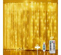 Vicloon Curtain Lights, 3m×3m 300LED Warm White Curtain Fairy Lights, 8 Modes Remote Control Timer Adjustable Brightness, Window String Lights USB Operated for Outdoor Indoor Bedroom Decoration