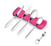 Vicloon Cutlery Set with Portable Pouch Case, 5PCS Stainless Steel Flatware Set with Bottle Opener, Travel Cutlery Set Spoon Knife and Fork for Camping Picnic Office School Lunch, Rose Red