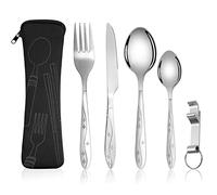 Vicloon Cutlery Set with Portable Pouch Case, 5PCS Stainless Steel Flatware Set with Bottle Opener, Travel Cutlery Set Spoon Knife and Fork for Camping Picnic Office School Lunch (Black)