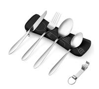 Vicloon Cutlery Set with Portable Pouch Case, 5PCS Stainless Steel Flatware Set with Bottle Opener, Travel Cutlery Set Spoon Knife and Fork for Camping Picnic Office School Lunch, Black