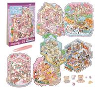 Vicloon DIY 3D House Stickers Scene Kit, 6 Sets 3D Miniature Scene Sticker for Adults Kids, Sticker Therapy, Stress Relief Creative Scene Stickers Book with Tweezers, Gift for Adults Kids Teens
