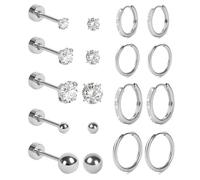 Vicloon Flat Back Stud Earrings Sets, 9 Pairs Stainless Steel Earring Studs Hoop Earrings Set Hypoallergenic Huggie Hoop Tragus Piercing Jewellery for Women Lobe Helix Cartilage