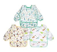 Vicloon Long-Sleeve Waterproof Bib with Large Pocket - Unisex Feeding Apron Featuring Cute Cartoon Design for Infants and Toddlers 6-24 Months