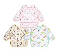Vicloon Long Sleeve Waterproof Bibs, 3Pcs Bibs with Sleeves, Unisex Feeding Bibes with Large Pocket for Infant Toddler 6 Months to 24 Months