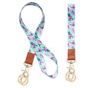 Vicloon Neck Lanyard Wristlet Strap, Print Lanyard Neck Strap Keychain ID Lanyard Neck Leather Lanyard with 4 Metal Key Rings for ID Badge Holder Keys Phone (Pink Flower)