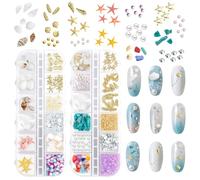 Vicloon Ocean Themed Nail Charms, 2 Boxes Jewels Beach Nail Gems, 12 Grid Mixed 3D Ocean Nail Studs Star Starfish Shell, Colorful Beads 3D Nails Art Decorations for DIY Crafts Nails Design Patches