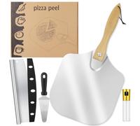 Vicloon Pizza Peel Set, 12 Inch Aluminum Pizzas Paddle | with Foldable Wooden Handle, Pizza Cutter Rocker, Stainless Steel Spade,Spray Bottle,and Silicone Brush Set