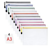 Vicloon Plastic Wallets, 10Pcs A3 Zip Lock Bags, Mesh Document Wallet Document Folders Plastic Pockets Zipper File Wallet for School Office Homework Travel Storage Bags (Color Zipper)