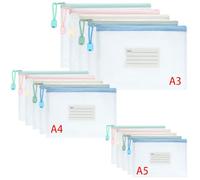 Vicloon Plastic Wallets, 15Pcs A3 A4 A5 Folders, Zip Lock Bags Mesh Document Wallet with Label Pocket for School Office Homework Travel Storage Bags (Pink, Yellow, White, Blue, Green)