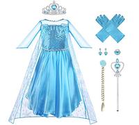 Vicloon Princess Costume for Girls, 5PCS Fancy Costume Dress, Elsa Dress with Fairy Crown Wand Gloves and Tiara, Elsa Dress Up Accessories Set for Cosplay, Girls Party (5-6 years)