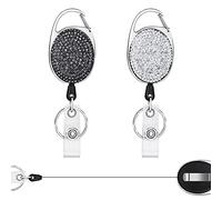 Vicloon Retractable ID Badge Holder, 2pcs ID Name Badge Reels, Key Lanyard Belt Clip with Bling Rhinestones Retractable Card Holder for Office Worker Teacher Doctor (Black, White)