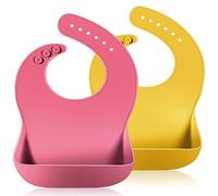 Vicloon Silicone Baby Bib 2PCS, Waterproof Feeding With Wide Food Catcher Pocket, Adjustable Toddler Bibs (Pink-Yellow)