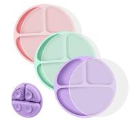 Vicloon Silicone Suction Plates - Toddler Feeding Divided Plates for High Chair Tray, BPA Free with Lids - Pink/Purple/Green