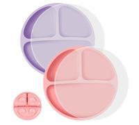 Vicloon Silicone Suction Toddler Plates, 2Pcs Baby Suction Plates for Toddler Kids, BPA Free Suction Plates with Lids, Divided Feeding Weaning Plates for High Chair Tray - Pink/Purple