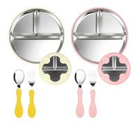 Vicloon Stainless Steel Baby Suction Plates, 2 Pack Divided Plates for Toddler & 2 Pack Spoons and Forks Set, Baby Plate with Suction, BPA-Free (Off-White & Pink)