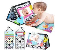 Vicloon Tummy Time Mirror for Baby, Baby Mirror Floor with Teether Soft Cloth Book Black and White Sensory Toys, Babys Mirror Black and White Sensory Toys Tummy Time Activity Mirrors