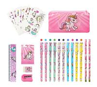 Vicloon Unicorn Gift for Girls, 27Pcs Unicorn Stationery Set School Supplies with Waterproof PVC Pencil Case, Notebook, Pens, Pencils, Sharpener, Eraser, Ruler, Unicorn Tatto Toys Gift Sets