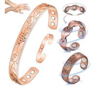 Vicmag 3PCS Copper Magnetic Jewelry Set: Magnetic Bracelet (3500 Gauss) & Rings Adjustable Size with Gift Box (Flower Rose Gold & Copper Leaf & Flower)