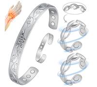 Vicmag 3PCS Copper Magnetic Jewelry Set: Magnetic Bracelet (3500 Gauss) & Rings Adjustable Size with Gift Box (Silver Flower & Silver Leaf)