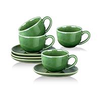 vicrays 6.5 oz Cappuccino Cups with Saucers, Set of 4, Ceramic Coffee Cup for Au Lait, Double shot, Latte, Cafe Mocha, Tea (Green)