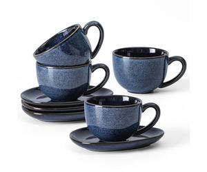 vicrays 6.5 oz Cappuccino Cups with Saucers, Set of 4, Ceramic Coffee Cup for Au Lait, Double shot, Latte, Cafe Mocha, Tea (Starry Blue)