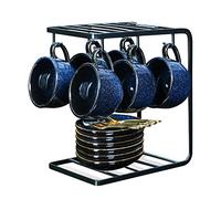 vicrays Ceramic Coffee Cups Set 4 oz Porcelain Espresso Cups with Saucers Spoons and Metal Stand for Tea Cafe Cappuccino Latte - Set of 6 - Blue