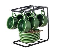 vicrays Ceramic Espresso Coffee Cups - 4 oz Porcelain Espresso Cups Set with Saucers Spoons and Metal Stand for Tea Cafe Cappuccino Latte - Set of 6 - Green