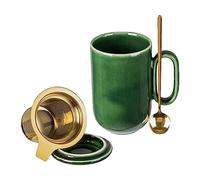 vicrays Ceramic Tea Cup Mug Infuser Large 16 oz Hot Loose Steeping Handle Teacup with Leaf Infuser Spoon Lid - Blue Tall Glazed Strainer Coffee Mug Microwave Safe - Green