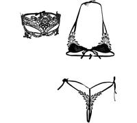 VicSec 2 Piece Lace Lingerie Self Tie Bra and Panty Set for Women Micro Bikini Sexy Mini Small Bra Halter Top and Strappy G-String Tiny Thong Babydoll with Lace Eye Mask for Party Photo Shoot(Black)