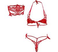VicSec 2 Piece Lace Lingerie Self Tie Bra and Panty Set for Women Micro Bikini Sexy Mini Small Bra Halter Top and Strappy G-String Tiny Thong Babydoll with Lace Eye Mask for Party Photo Shoot(Red)
