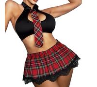 VicSec School Girl Uniform Lingerie Set for Women French Maid Costume Plus Size Roleplay Outfits Costume Student Cosplay Mini Skirt & Mesh Crop Top for UK Size 10 12 14 16 18 (Red, One Size)