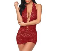 VicSec Sexy Lace Babydoll Lingerie See Through Mesh Nightdress Women Deep V Neck Chemise Nightgown Halter Backless Mini Dress Bodysuit with Thong for Ladies Pajama Bridal Sleepwear (Burgundy, 2XL)
