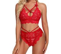 VicSec Women Lace Lingerie Bralette Underwear 2 Pieces Bra and Panty Strappy Babydoll Sleepwear See Through Sheer Lace Sets Nightwear Bikini S-XXL Red