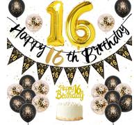 VICTERR 16th Birthday Decoration, Black Gold Balloons, Banner, Triangle Bunting, Cake Topper