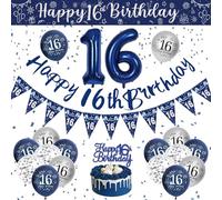 VICTERR 16th Birthday Decorations Boys, Blue and Silver Happy Birthday Banner, Triangle Flag Banners, 32inch Balloon, Cake Topper, Navy Blue, Silver, Confetti Balloons, Ribbons